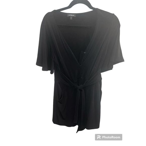✨express flutter sleeve black button down belted romper✨ - Picture 2 of 5